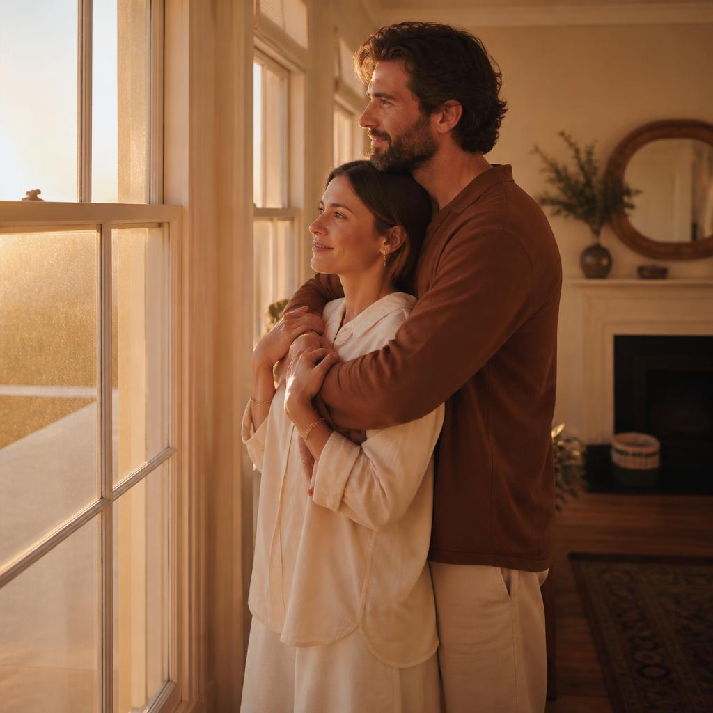 Pareja abrazada mirando por la ventana al atardecer