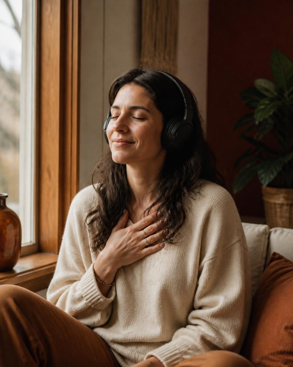 Mujer escuchando su canción con audífonos junto a la ventana, con la mano en el pecho